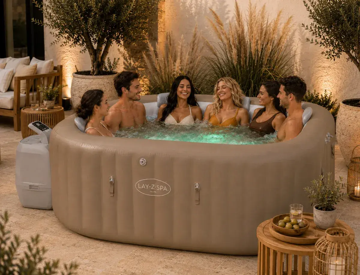 Sześć osób cieszy się relaksem w nadmuchiwanym jacuzzi ogrodowym Lay-Z-Spa Palma.